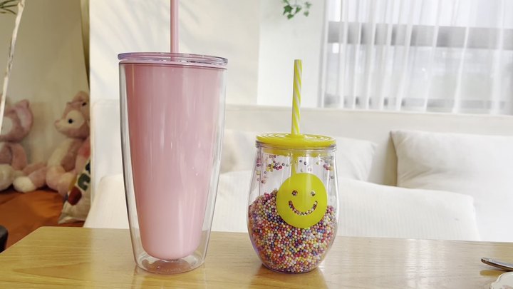Portable Travel camping 10oz/24oz plastic Double Wall Acrylic Family drinking cup set With Straw And Lid OEM Wholesale