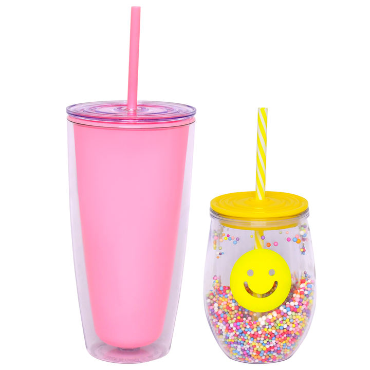 Portable Travel camping 10oz/24oz plastic Double Wall Acrylic Family drinking cup set With Straw And Lid OEM Wholesale