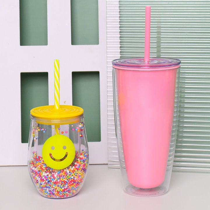 Portable Travel camping 10oz/24oz plastic Double Wall Acrylic Family drinking cup set With Straw And Lid OEM Wholesale