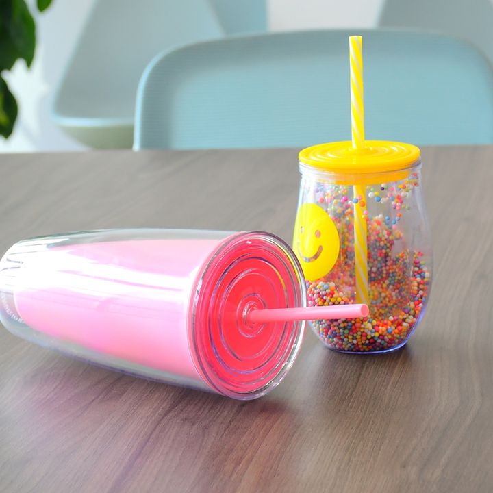 Portable Travel camping 10oz/24oz plastic Double Wall Acrylic Family drinking cup set With Straw And Lid OEM Wholesale