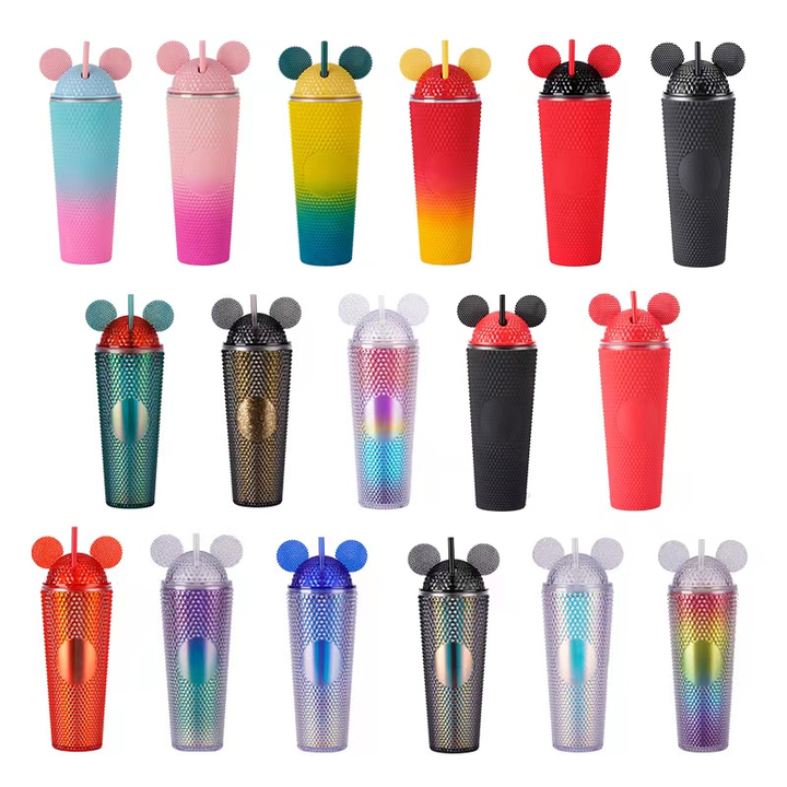 Reusable Iced Coffee Custom rhinestone mugs cup Double Wall Insulated matte Studded Plastic Tumbler with Straw and leakproof Lid Factory to Consumer