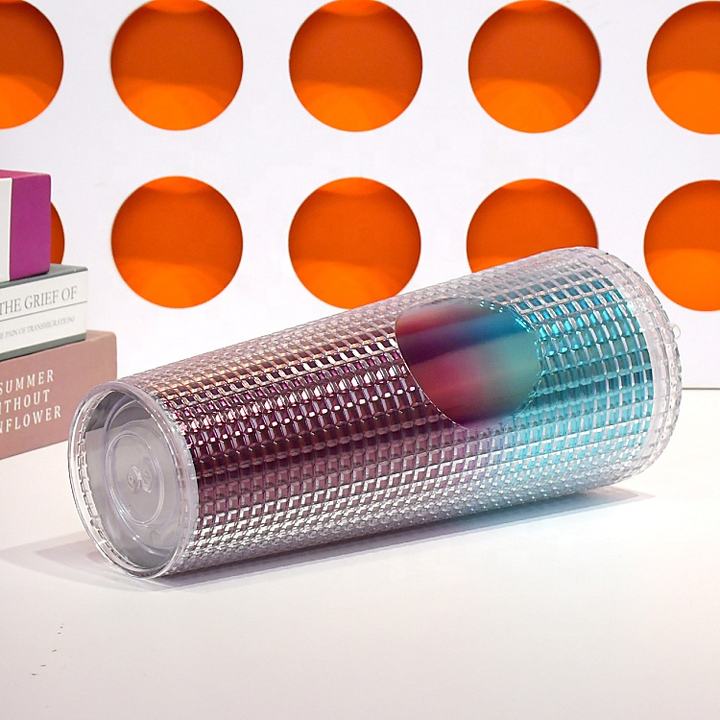 Source factory Low price OEM/ODM 24oz Corn Pattern Rainbow Color plastic Acrylic Crystal Grid Mat Tumbler with blank logo spot Custom Manufacturing B2B