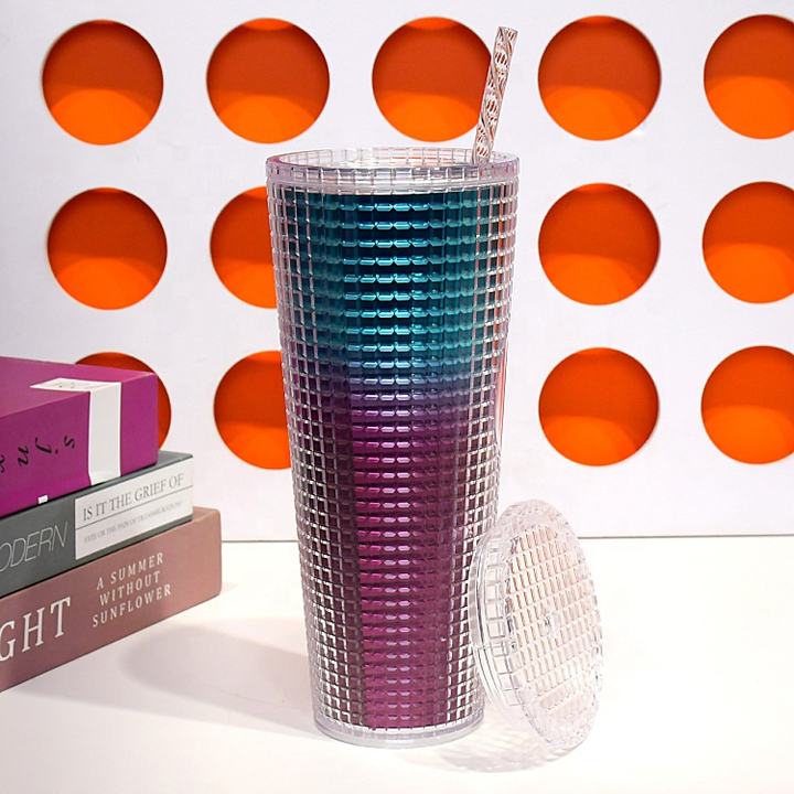 Top Seller Chian Factory Custom Durian Cup Double Wall Matte Plastic Tumbler Grid Pineapple Colorful Glitter Studded Tumbler Manufacturing Plant