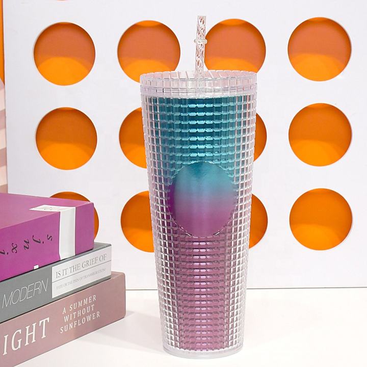 Top Seller Chian Factory Custom Durian Cup Double Wall Matte Plastic Tumbler Grid Pineapple Colorful Glitter Studded Tumbler Manufacturing Plant