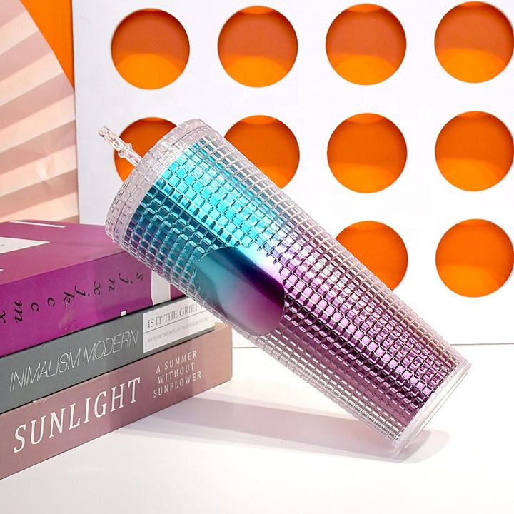 Top Seller Chian Factory Custom Durian Cup Double Wall Matte Plastic Tumbler Grid Pineapple Colorful Glitter Studded Tumbler Manufacturing Plant