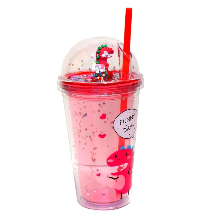 Unisex Kids Multi-Color BPA-Free Double-Wall Water Bottle Plastic Domed Lid Straw Dinosaur Cartoon Design Friends Back School Manufacturing Services Export