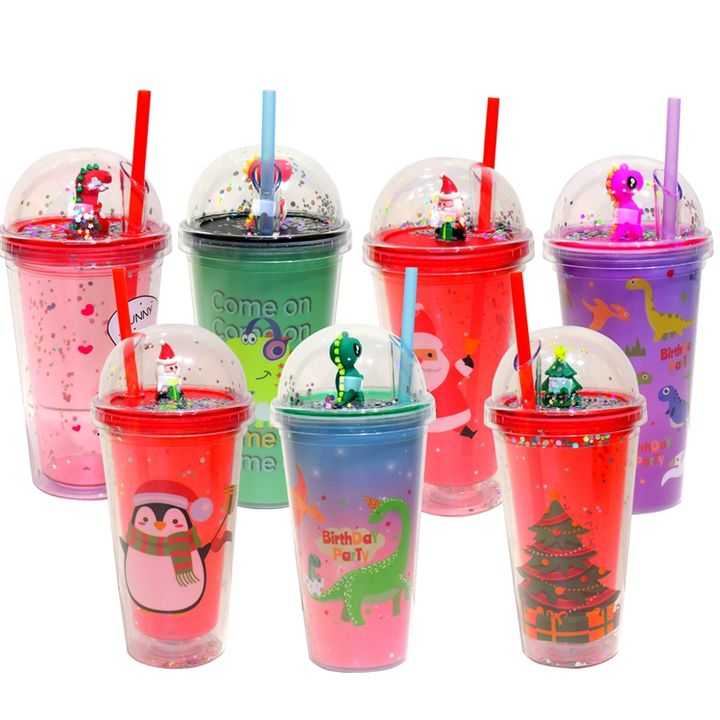 Unisex Kids Multi-Color BPA-Free Double-Wall Water Bottle Plastic Domed Lid Straw Dinosaur Cartoon Design Friends Back School Manufacturing Services Export