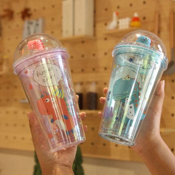 Unisex Kids Multi-Color BPA-Free Double-Wall Water Bottle Plastic Domed Lid Straw Dinosaur Cartoon Design Friends Back School Manufacturing Services Export