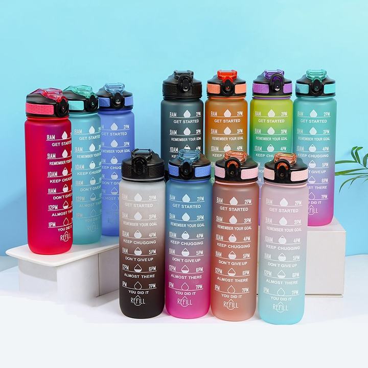 Water Bottle 1000ml BPA Free Gradient Plastic Fitness Gym Sports Motivational Water Bottles With Time Marker Trade Factory Direct
