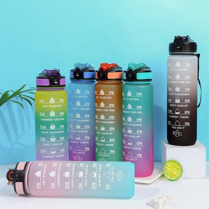 Water Bottle 1000ml BPA Free Gradient Plastic Fitness Gym Sports Motivational Water Bottles With Time Marker Trade Factory Direct