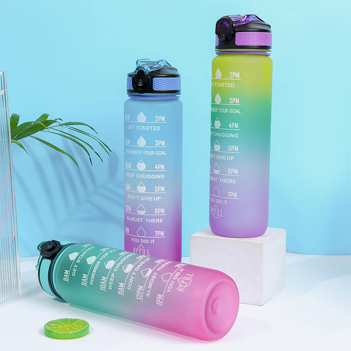 Water Bottle 1000ml BPA Free Gradient Plastic Fitness Gym Sports Motivational Water Bottles With Time Marker Trade Factory Direct
