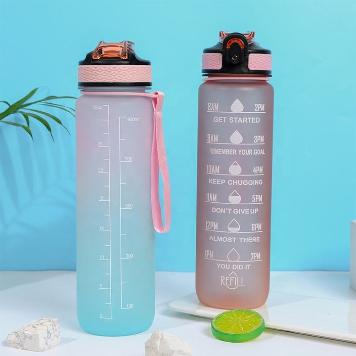 Water Bottle 1000ml BPA Free Gradient Plastic Fitness Gym Sports Motivational Water Bottles With Time Marker Trade Factory Direct