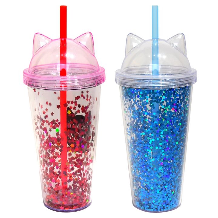 Water Tumbler with Straw and Personalized Cat Cover Logo Sparkling Plastic Promotional Christmas Gift Customized Cartoon Unisex Factory Pricing Supply