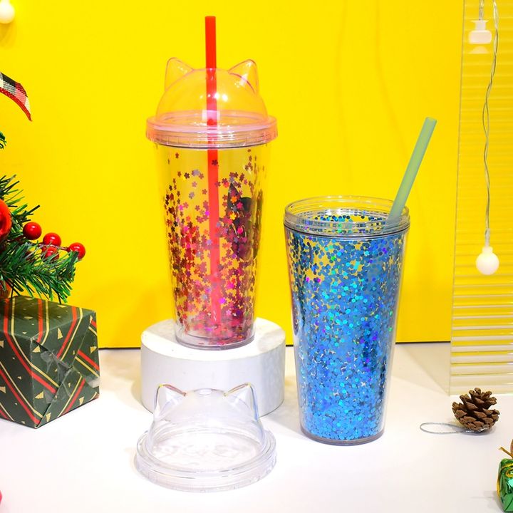 Water Tumbler with Straw and Personalized Cat Cover Logo Sparkling Plastic Promotional Christmas Gift Customized Cartoon Unisex Factory Pricing Supply