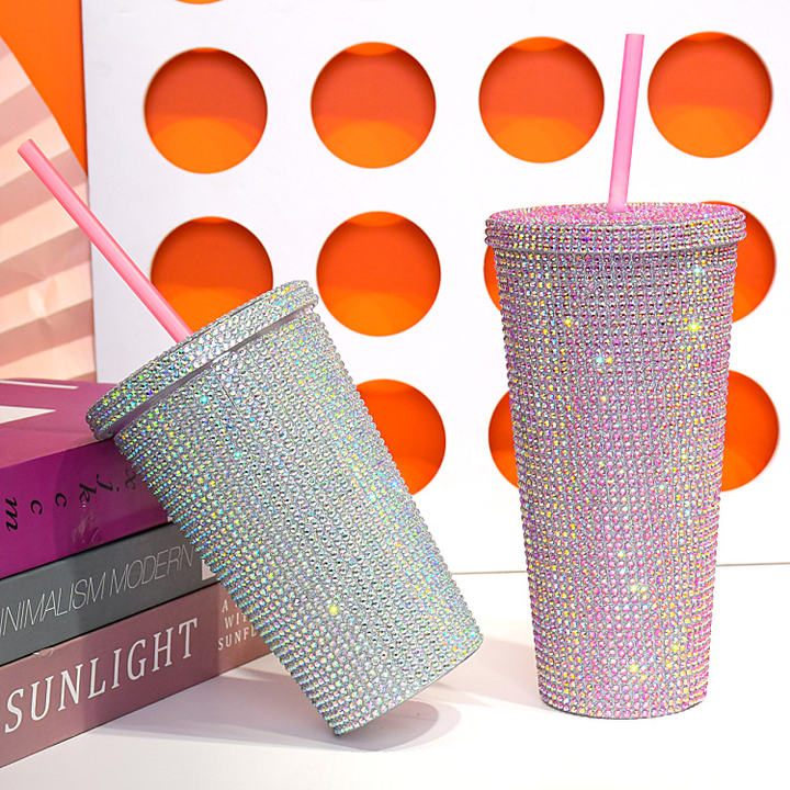 Wholesale 450ML/650ML double wall coffee mug plastic Studded Bling Tumbler with straw and lid Affordable Factory Pricing Supply