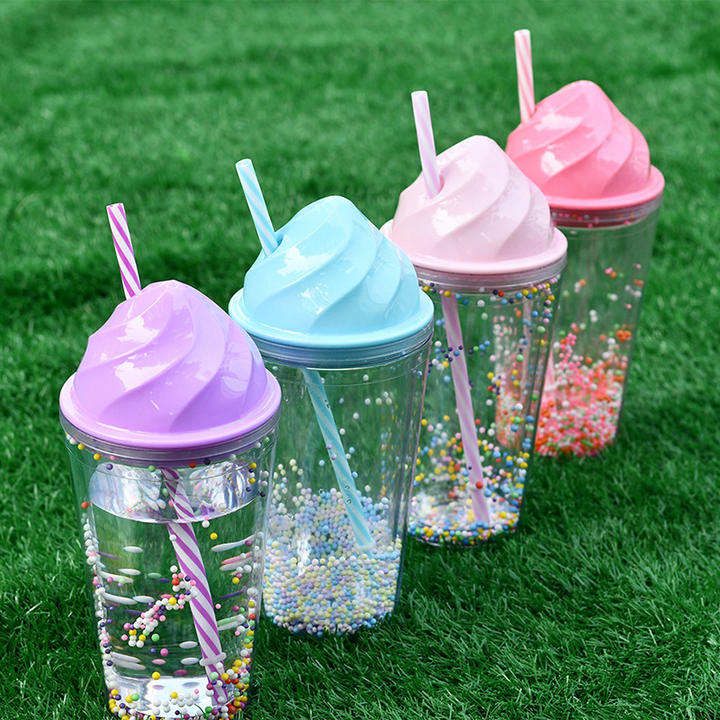 Wholesale Factory Direct Supply Creative Ice Cream Summer Cold Drink Cup Double Plastic double wall cup mug  with straw Industrial Supplier Supply