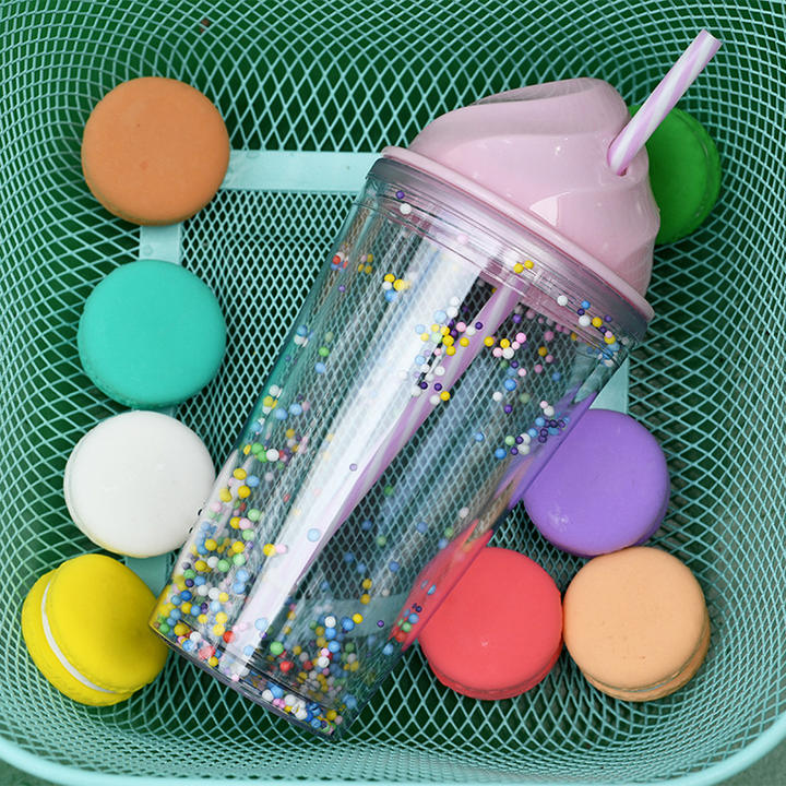 Wholesale Factory Direct Supply Creative Ice Cream Summer Cold Drink Cup Double Plastic double wall cup mug  with straw Industrial Supplier Supply