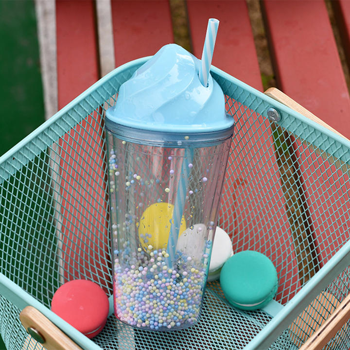 Wholesale Factory Direct Supply Creative Ice Cream Summer Cold Drink Cup Double Plastic double wall cup mug  with straw Industrial Supplier Supply