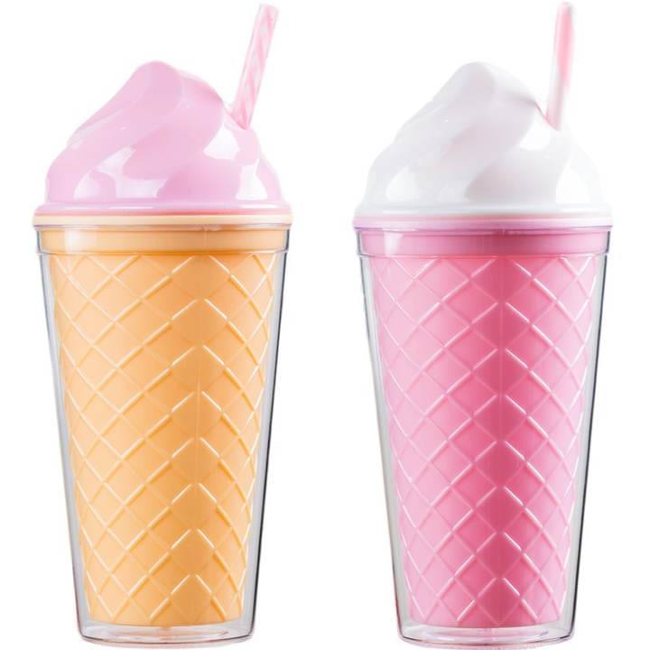 Wholesale Factory Direct Supply Creative Ice Cream Summer Cold Drink Cup Double Plastic double wall cup mug  with straw Industrial Supplier Supply