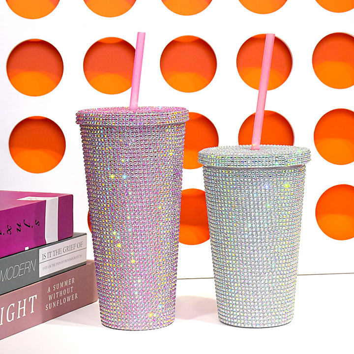 Wholesale Luxury 22oz 650ML Double Wall Diamond Water Bottle Glitter Coffee Mug Plastic Studded Bling Tumbler cups with straw ODM Manufacturing Efficiency