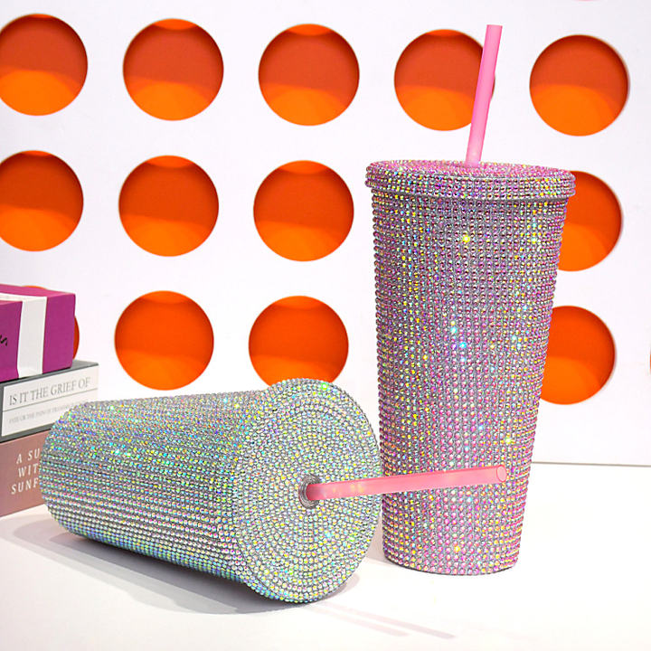 Wholesale Luxury 22oz 650ML Double Wall Diamond Water Bottle Glitter Coffee Mug Plastic Studded Bling Tumbler cups with straw ODM Manufacturing Efficiency