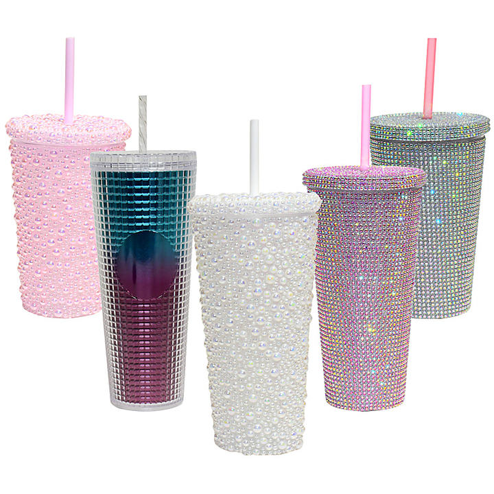 Wholesale Luxury 22oz 650ML Double Wall Diamond Water Bottle Glitter Coffee Mug Plastic Studded Bling Tumbler cups with straw ODM Manufacturing Efficiency