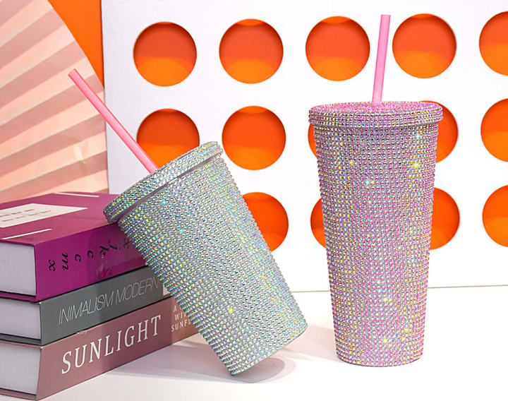 Wholesale Luxury 22oz 650ML Double Wall Unisex Tumbler BPA-Free PC Diamond Water Bottle Glitter Coffee Mug Studded Bling Private Label Manufacturing