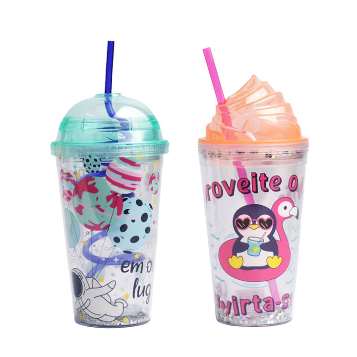 Wholesale price custom logo bpa free 16oz cartoon acrylic juice ice cream cups double wall plastic cup with lid OEM Manufacturer
