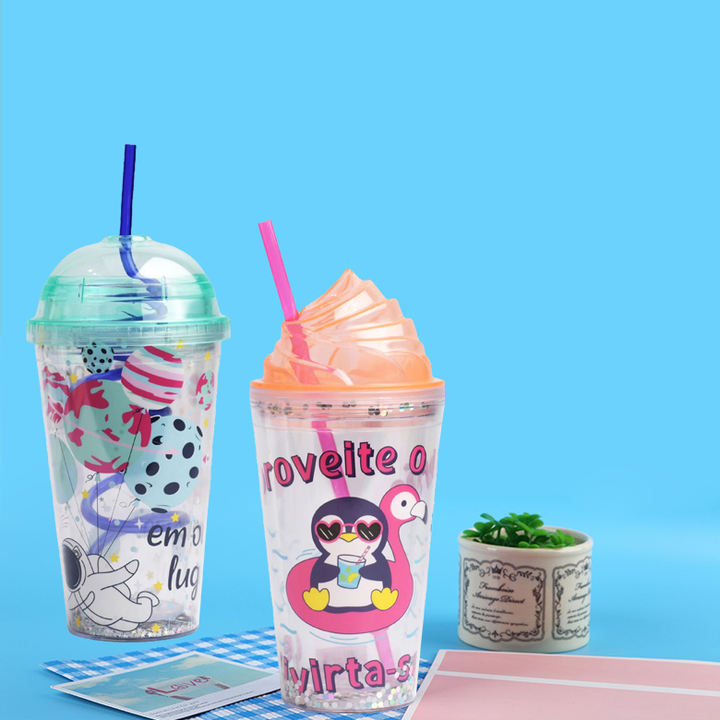 Wholesale price custom logo bpa free 16oz cartoon acrylic juice ice cream cups double wall plastic cup with lid OEM Manufacturer