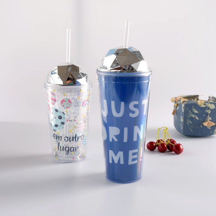 Wholesale price custom logo bpa free 16oz cartoon acrylic juice ice cream cups double wall plastic cup with lid OEM Manufacturer