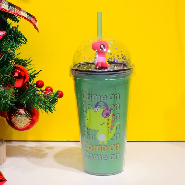 Custom logo bpa free gift cup 450ml double wall Plastic Acrylic dinosaur drinking water cup with straw Manufacturing Services Chain