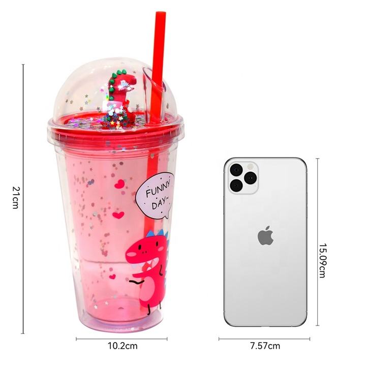 Oxsy oem wholesale customized bpa free 450ml Cute Kids Double wall plastic dinosaur water cup with leak-proof dome lid and straw Direct Factory Wholesale Innovation