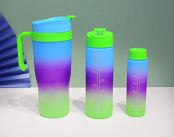 Wholesale 3 in 1 Set Portable Plastic outdoor hiking customized Gradient Sport Water Bottle with handle Private Label Manufacturing