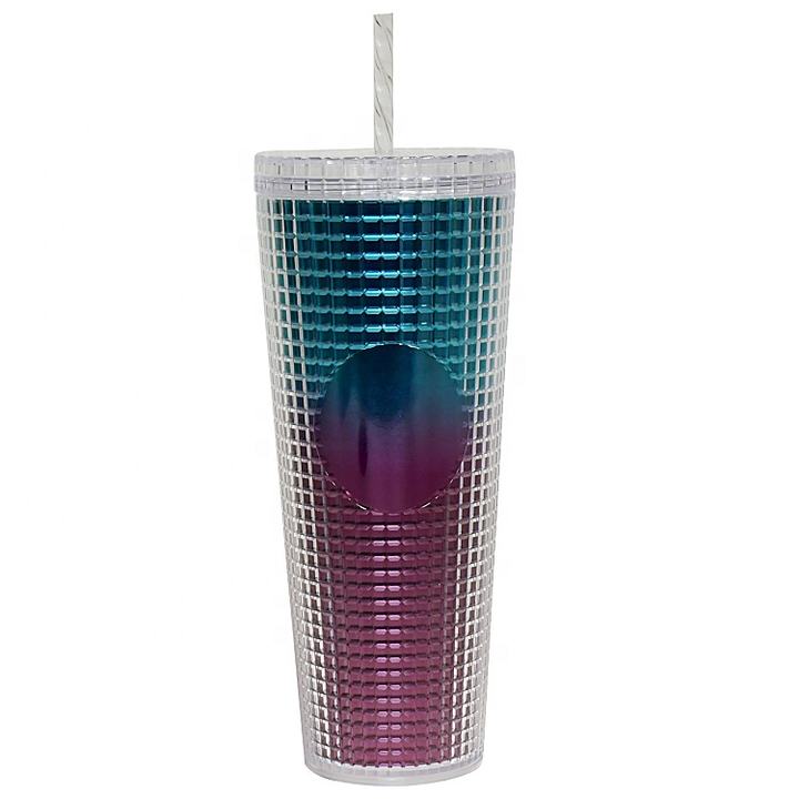 Wholesale Eco-friendly cheap 24oz plastic Acrylic Crystal custom Purple-blue gradient Double Wall straw Grid Mat Tumbler Cups Mass Wholesale