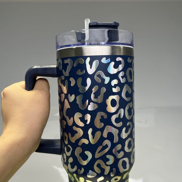 wholesale bulk insulated coffee mug cow print  iceflow stainless steel  travel cup  40oz with handle and straw lid