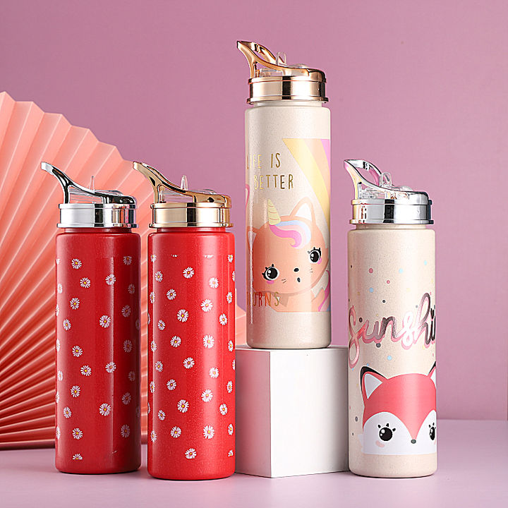 wholesale price 700ml custom Little fox pattern biodegradable wheat-straw plastic water bottle with Gold-plated lid