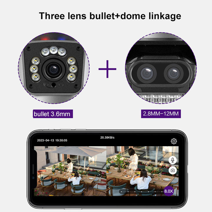 ICsee Wireless 8X Hybrid Zoom 6.0 Megapixel Bullet Pan Tilt PTZ Camera Wifi Three Lens Dome Linkage IP camera Manufacturing Solutions Production