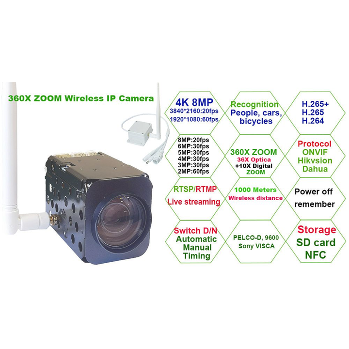 Plug and Play 4K 8MP IMX415 IP Camera with 36X Zoom Wireless Wifi for Indoor Use H.265 Video Compression 1-Year Warranty Industrial Wholesale Custom Solutions