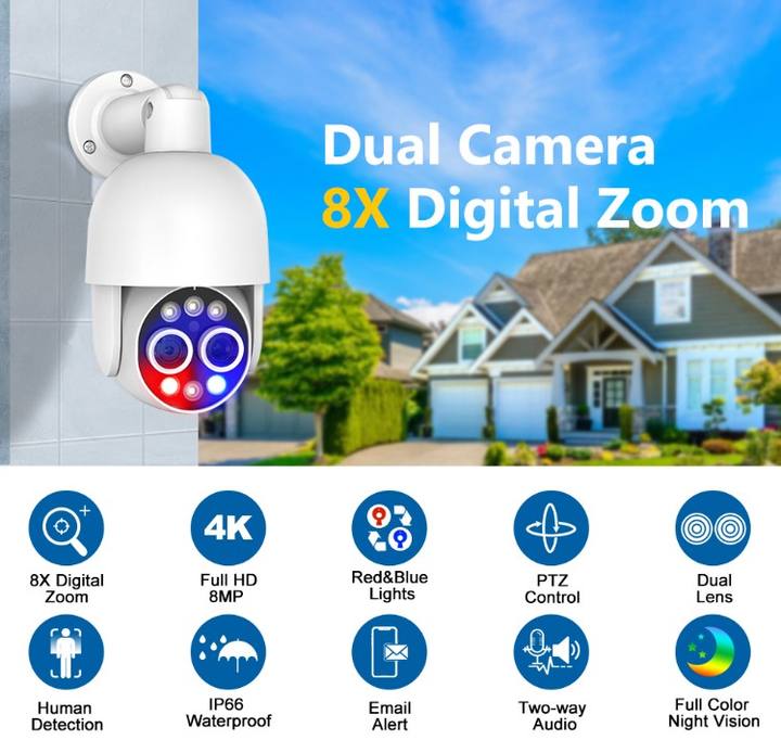 Smart Light Alarm Waterproof Small  8X Hybrid Zoom POE Multiple Lens 8 MP IP PTZ 2 Way Audio Colorvu Camera Manufacturing Services Export