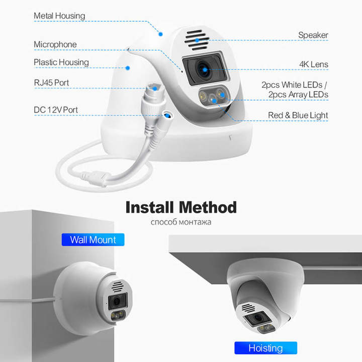 Top Selling 5MP Black light built-in Microphone and Speaker POE IP CCTV Dome Camera with the Red Blue Flashing Light Alert