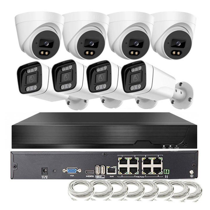 Warm Leds Full Color Night 8MP IP Cameras 4K NVR 8CH POE Kits