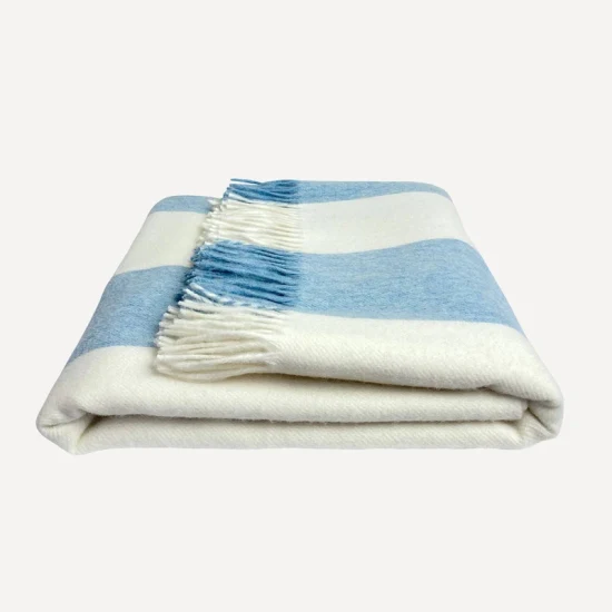 Blue and White Striped Warm Merino Wool Blanket