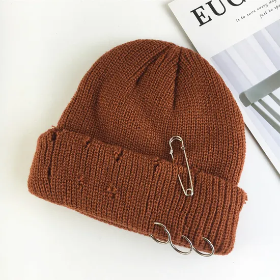 Beige High Quality Gothic Distressed Beanie Winter Knit Hats