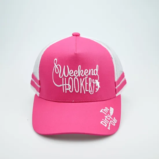 Custom Cotton 5 Panel Print Logo Trucker Hats Three Stripes Pink Mesh Back Caps