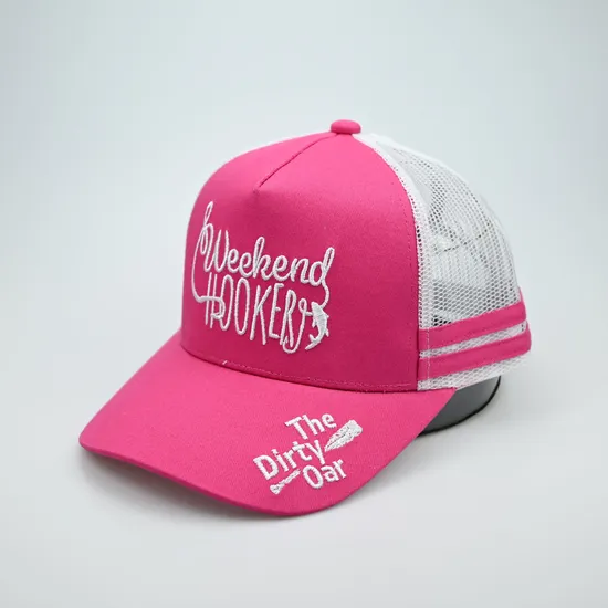 Custom Cotton 5 Panel Print Logo Trucker Hats Three Stripes Pink Mesh Back Caps