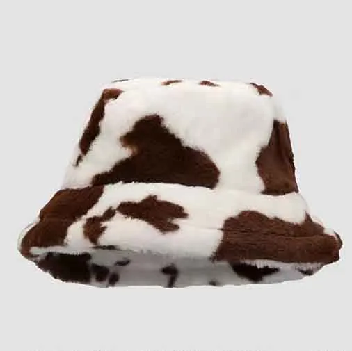 Custom Fluffy Warm Fisherman Hat Wholesale Cow Print Bucket Hat