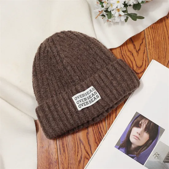 Custom Knit Cuffed Acrylic Slouchy Streetwear Private Woven Label Logo Beige Beanies