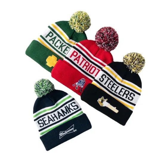 Custom Logo Popular Europe Mens Pompom Hats Thick Windproof Acrylic Embroidery Sports Caps Knitted Bobble Hat Ice Beanie