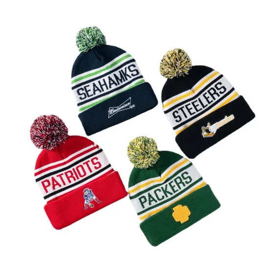 Custom Logo Popular Europe Mens Pompom Hats Thick Windproof Acrylic Embroidery Sports Caps Knitted Bobble Hat Winter Beanie