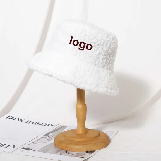 Custom Logo Solid Color Women Plush Fur Thick Lamb White Bucket Hat